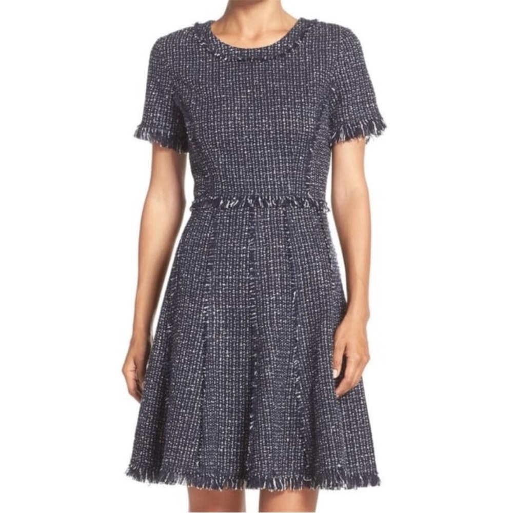 Eliza J Tweed Navy Blue Fit & Flare Raw Edge Short Sleeve Dress Size 6 Petite
